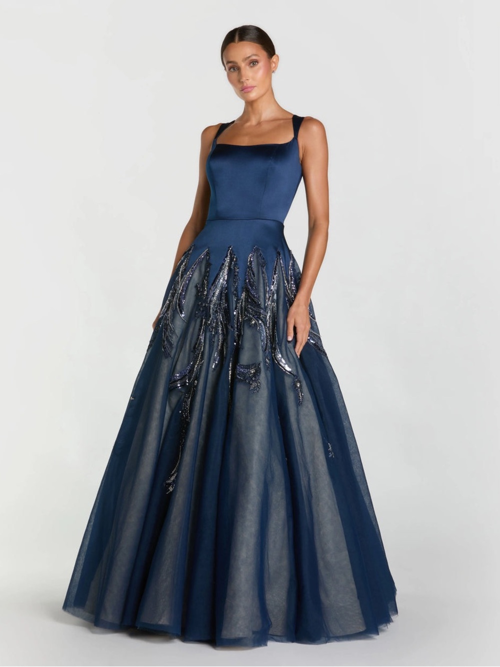 Mac Duggal 21190 Navy Embellished Satin Ball Gown With Tulle Skirt sz 10